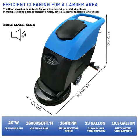 Commercial Floor Scrubber With 20 Inch Cleaning Path Dual Tank System 50L Fresh Water 40L Waste Water Boss Level Auto