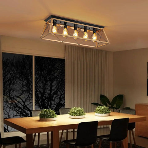 31.5 Inch Flush Mount Five Light Vintage Industrial Cage Chandelier in dining room setting