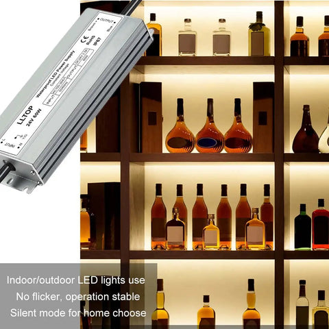 Beefy 60W LED Driver Power Supply 24V DC 2.5A Waterproof Ultra Slim Transformer displayed with backlit shelves of bottles.