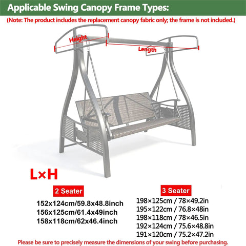 Diagram showing dimensions for swing frames applicable to No Fuss Outdoor Swing Canopy Replacement Top Cover