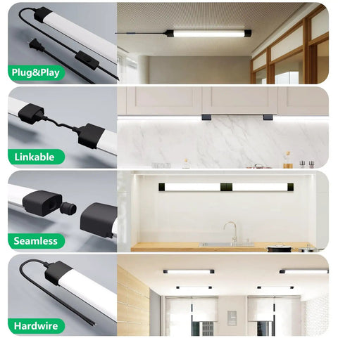 Plug In LED Light Fixture 2Ft Linkable 5000K Under Cabinet Lighting 2500 Lumens 18W Triproof Ceiling Wall Light displayed in various settings.