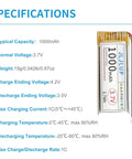 Specifications of Four Pack 3.7V 1000mAh LiPo Batteries One Cell 1C Rechargeable Lithium Polymer Pack With Dual Protection Board And PH2mm Connector