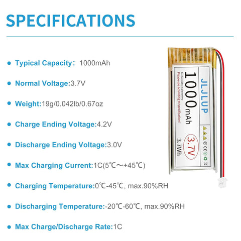 Specifications of Four Pack 3.7V 1000mAh LiPo Batteries One Cell 1C Rechargeable Lithium Polymer Pack With Dual Protection Board And PH2mm Connector