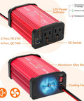 300W Car Power Inverter 12V to 110V AC With Dual Outlets and 27W PD USB-C Plus 18W USB-A Fast Charging, Red