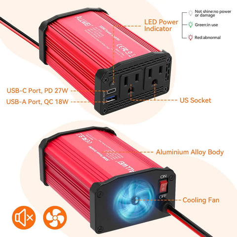 300W Car Power Inverter 12V to 110V AC With Dual Outlets and 27W PD USB-C Plus 18W USB-A Fast Charging, Red