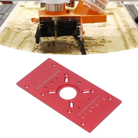Top Shelf Aluminum Alloy Router Table Insert Plate With Wicked Smooth Lift System And Two Swap Ready Rings For Garage Woodworking Benches Shop Badass Heavy Duty Router Base Board Accessory Sharp Red Finish, showing precision ruler engraving.
