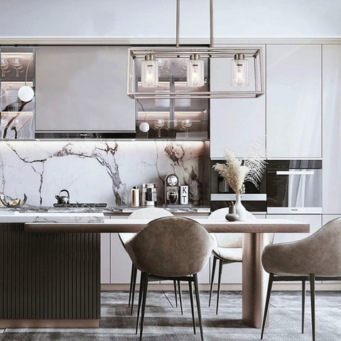 Three Light Modern Pendant Chandelier With Glass Shades In Brushed Nickel For Dining Room Kitchen Island