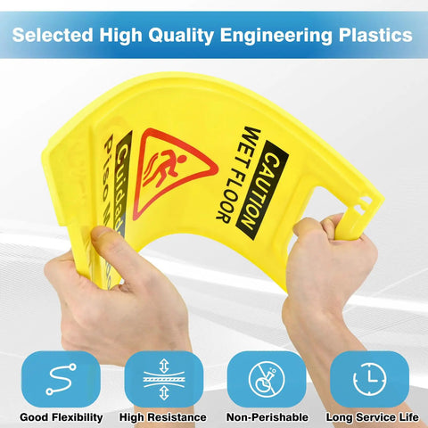 Close-up of Two Pack Wet Floor Sign 17.5 Inch Tall Bright Yellow Double Sided A Frame Caution Sign For Home And Biz Use.