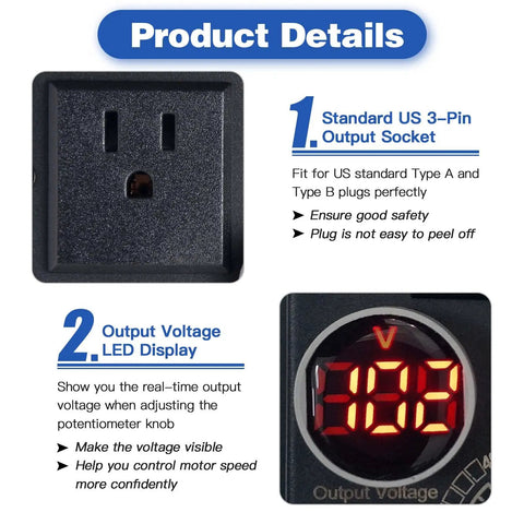 AC Motor Speed Controller 110-120V 10A Rated 15A Max With LED Display showing real-time voltage and US 3-pin socket