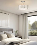 Sienna 15 Inch Sleek Modern Lattice Drum Semi Flush Mount Ceiling Light 3-Light Silver Finish in a bedroom setting