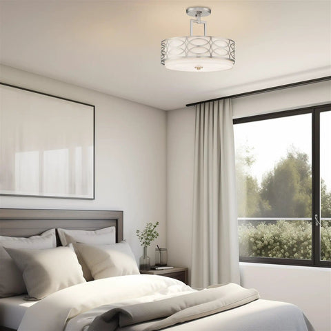 Sienna 15 Inch Sleek Modern Lattice Drum Semi Flush Mount Ceiling Light 3-Light Silver Finish in a bedroom setting