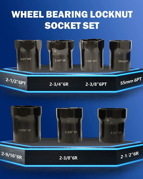 7 Piece Wheel Bearing Lock Nut Socket Set With Half Inch Drive SAE And Metric 6 Point Axle Nut Sockets on display