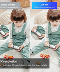 Child playing on floor highlighted with 2K Indoor Security Camera For Baby And Pet Monitor With Motion Detection, 2 Way Audio, HD image comparison.