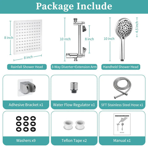 Package includes High Pressure Rain Shower Head With Handheld And 9 Settings, 8 Inch Rainfall Shower Head With 11 Inch Extension Arm.