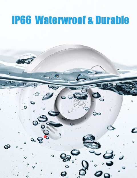 Five Pack Water Leak Alarm Detectors With 120dB Loud Alarm IP66 Waterproof Ultra Sensitive Probes Detect Drips And Mist Four Bottom Sensors And Two Top Probes For Quick Alerts And Realistic Protection IP66 waterproof water leak alarm floating in water