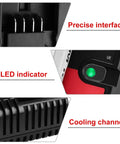 Close-up of 20V Battery Charger For Black Decker And Porter Cable Lithium Ion Batteries showing precise interface, LED indicator, cooling channel.