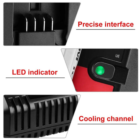 Close-up of 20V Battery Charger For Black Decker And Porter Cable Lithium Ion Batteries showing precise interface, LED indicator, cooling channel.