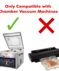 Diagram showing Chamber Vacuum Pouches 3 Mil Thick, 10 x 13 Inches compatibility with chamber vacuum machines only, not FoodSaver.