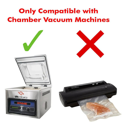 Diagram showing Chamber Vacuum Pouches 3 Mil Thick, 10 x 13 Inches compatibility with chamber vacuum machines only, not FoodSaver.