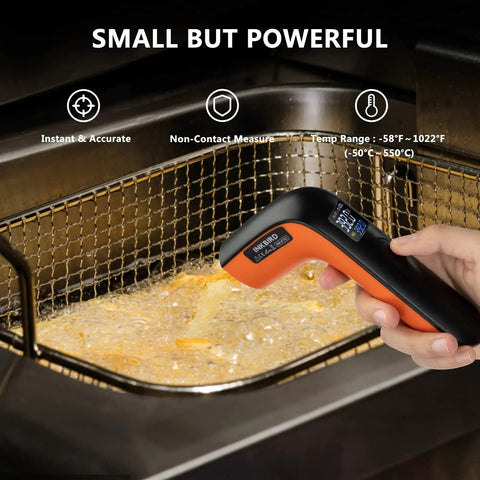Person using Rechargeable Infrared Thermometer Gun For Cooking With Backlit Display And Go-To Digital Temp Tool For -58F To 1022F Range Perfect For Pizza Oven Grill Kitchen And Home Repairs With Max Hold over frying pan