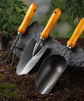 Set of garden tools with wooden handles, including a 12.6-Inch Garden Hand Trowel With Wooden Handle And Rust-Resistant Steel Head.