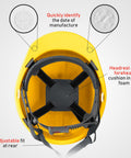 Interior view of a yellow 10 Pack Suspension Hard Hats For Worksite Safety With Ratchet Cap Style And Self Adjusting Crown Straps, showing headrest and straps.