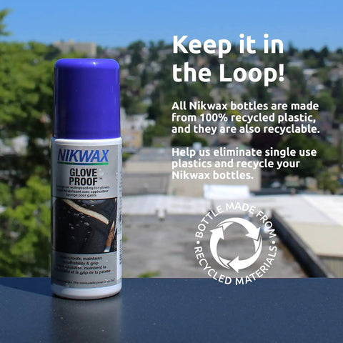 Glove Proof High Performance Waterproofing Treatment bottle with recycle message, restores DWR water repellency for leather, fabric gloves.