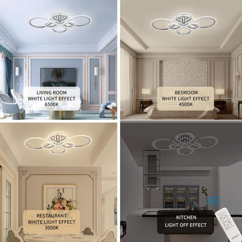 Six Ring LED Ceiling Light Fixture With Remote Control in different room settings, displaying dimmable effects, 3000K-6500K