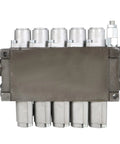 Front view of 5-spool hydraulic directional control valve with metal housing and SAE port fittings; orange end caps.