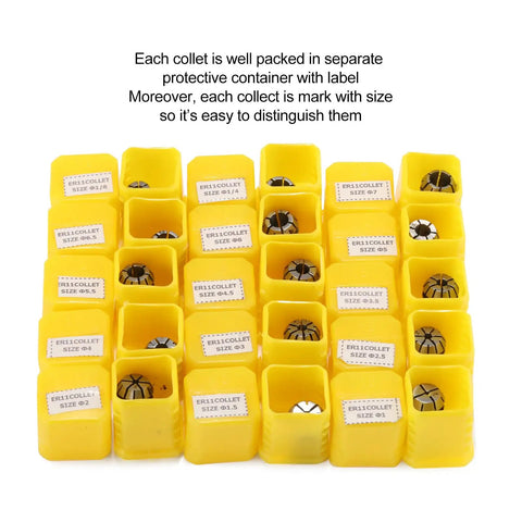 15 Piece ER11 Collet Set For CNC Milling Engraving And Lathe Tools, Pro Grade Spring Steel Collets in yellow containers