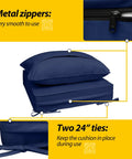 Navy blue outdoor chair cushions set with metal zippers and ties, 24x24x5 seat cushions and 24x19 back cushions. 100% polyester.