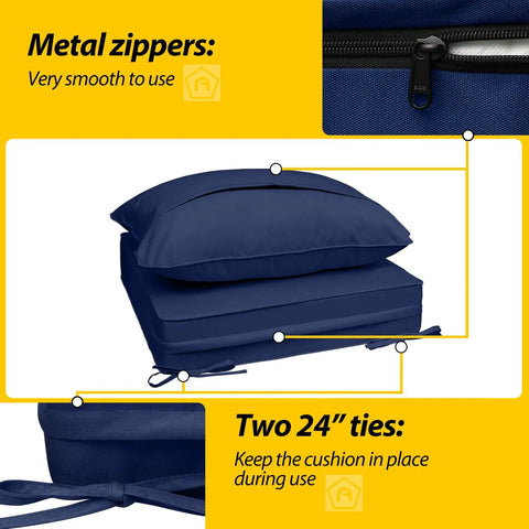 Navy blue outdoor chair cushions set with metal zippers and ties, 24x24x5 seat cushions and 24x19 back cushions. 100% polyester.