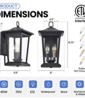 Two Light Outdoor Pendant Light For Porch, Sleek Matte Black Finish with dimensions and clear glass exterior view