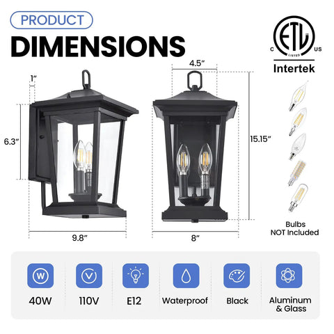 Two Light Outdoor Pendant Light For Porch, Sleek Matte Black Finish with dimensions and clear glass exterior view
