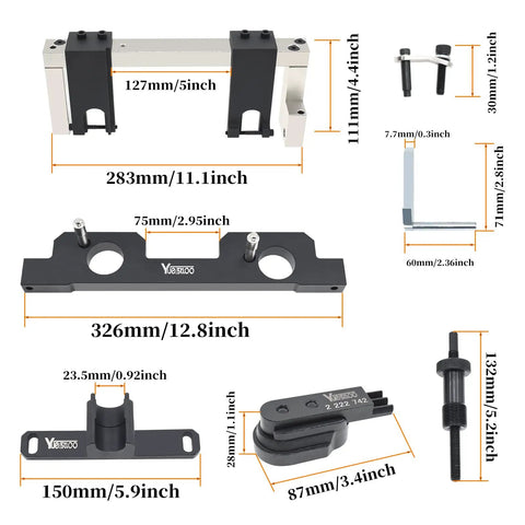 17 Piece Camshaft Alignment Timing Tool Kit For BMW N20 N26 Engines With Flywheel Holder Balance Shaft Tool Fuel Injector Removal Set Engine Lifting Hook Plus Comprehensive Tools Pack 212831 119340 212830 219548 displayed with dimensions.