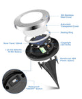 Exploded view of 12 Pack Solar Ground Lights For Outdoor Use Waterproof Disk LED Lights with 8 LEDs, battery, and components