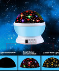 Blue night light projector with starry sky design, showing light modes. Two Pack Kids Night Light Projector For Bedroom With Six Films