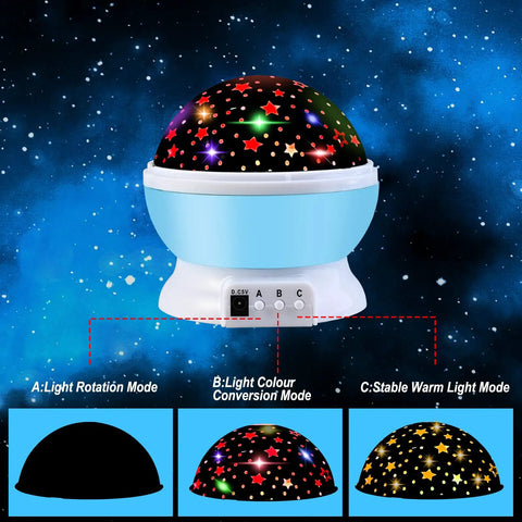 Blue night light projector with starry sky design, showing light modes. Two Pack Kids Night Light Projector For Bedroom With Six Films
