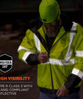 Man wearing Hi Vis 3 In 1 Winter Bomber Jacket Unisex Lime Waterproof Windproof Layered Coat With Fleece Liner, XX Large, at night