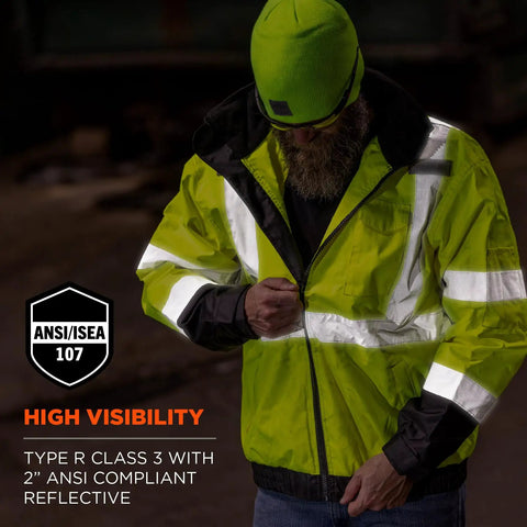 Man wearing Hi Vis 3 In 1 Winter Bomber Jacket Unisex Lime Waterproof Windproof Layered Coat With Fleece Liner, XX Large, at night