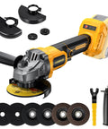 Compact 4 Inch Cordless Angle Grinder Built To Chip Away At Stubborn Metal, with cutting discs and attachments displayed.
