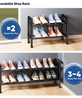 Two Tier Expandable Shoe Rack That Grows From 17 To 33 Inches, heavy duty metal shoes organizer in black with sneakers displayed.