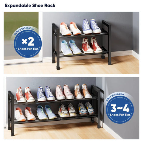 Two Tier Expandable Shoe Rack That Grows From 17 To 33 Inches, heavy duty metal shoes organizer in black with sneakers displayed.