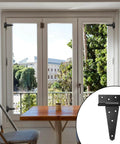 4 Pack 6 Inch T Strap Hinges Heavy Duty Black Outdoor Tee Hinges shown on a window with close-up inset for doors gates sheds fences