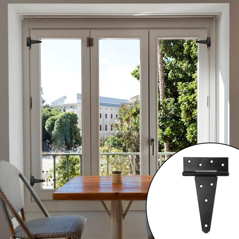 4 Pack 6 Inch T Strap Hinges Heavy Duty Black Outdoor Tee Hinges shown on a window with close-up inset for doors gates sheds fences