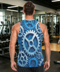Men's Mechanical Gears Blue Muscle Tank Top Breathable Mesh Workout Shirt With Zipper Pocket Lightweight Moisture Wicking Gym Running Tee Grind Mode Activated Now, back view showing gear design in a gym setting.