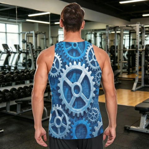 Men's Mechanical Gears Blue Muscle Tank Top Breathable Mesh Workout Shirt With Zipper Pocket Lightweight Moisture Wicking Gym Running Tee Grind Mode Activated Now, back view showing gear design in a gym setting.