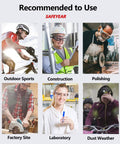 Collage of six images showing recommended uses for SAFETYEAR protective eyewear in sports, construction, polishing, factory, lab, and dust weather