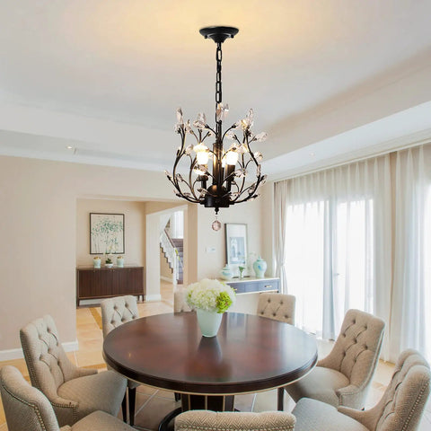 Vintage K9 Clear Crystal 3-Light Pendant Ceiling Fixture In Black Finish over dining table, adjustable chain, for living room