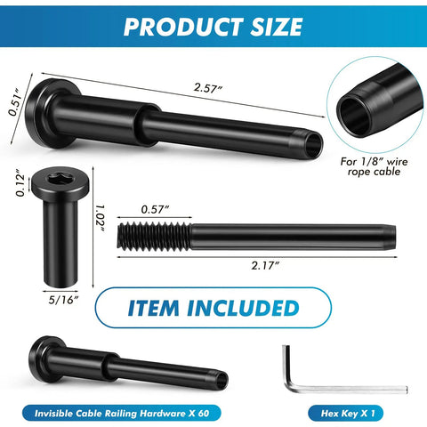 60 Pack Invisible Cable Railing Kit With T316 Stainless One Eighth Inch Receiver And Swage Stud Ends, product size shown